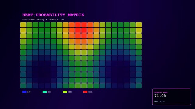 A digital screen displaying a predictive analytics graph showing changing color heat maps with numerical percentages that shift during a real time data analysis sequence
