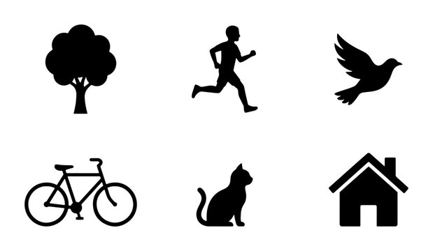 Silhouette Icons: Tree, Runner, Bird, Bicycle, Cat, House, Nature, Lifestyle, Urban Elements