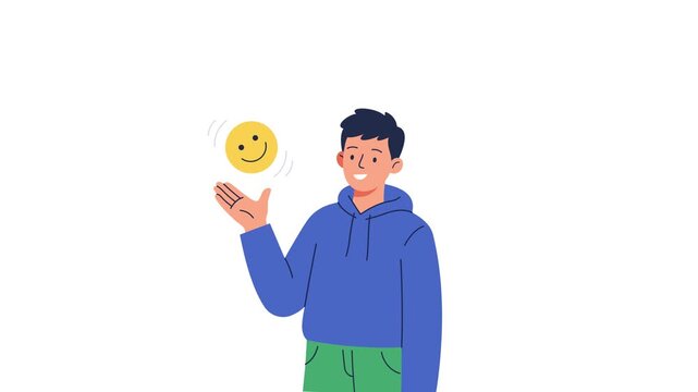 Animated flat vector illustration of a smiling man holding a positive yellow smiley face emoji, representing customer satisfaction, positive feedback, and mental health wellness.