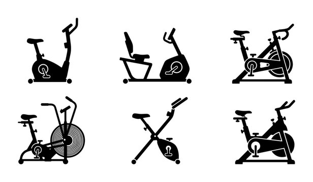 Stationary Bike Icons Set, Exercise Bicycle Vector Graphics, Fitness Equipment Collection