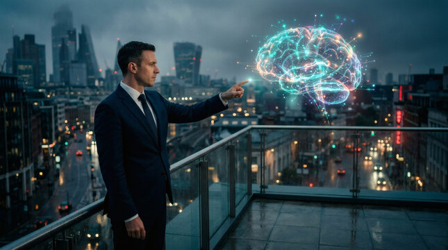 A concept image of a business person in a suit pointing a finger forward, where a glowing, multi-colored abstract brain shape made of light points and interconnected nodes floats in the air. Clean