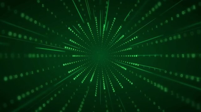 Abstract green binary code data stream moving fast through a digital cyberspace tunnel