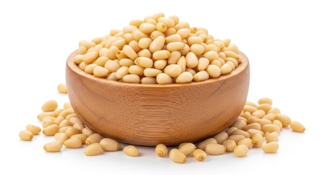 Fresh organic pine nuts in wooden bowl on white background