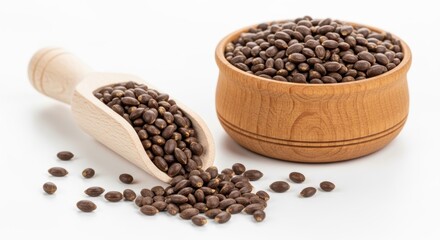 Fototapeta premium Rustic bowl and scoop with hemp seeds isolated on white background