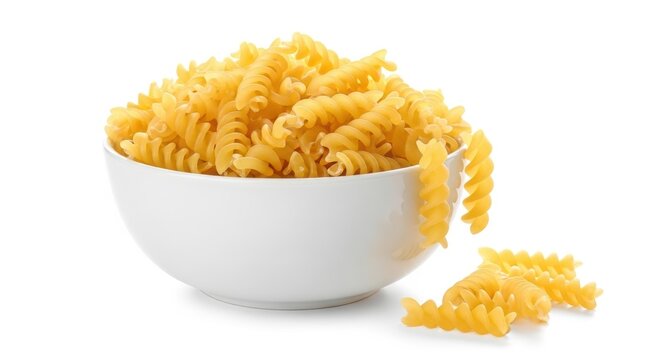 Bowl of dry rotini pasta on white background for culinary presentation