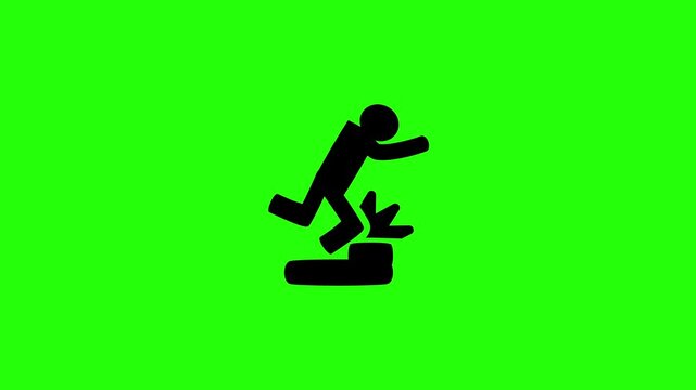 Premium 4K presentation showing a walking foot stumbling on an uneven floor step trip hazard silhouette bouncing. Perfect street sidewalk safety web icon.