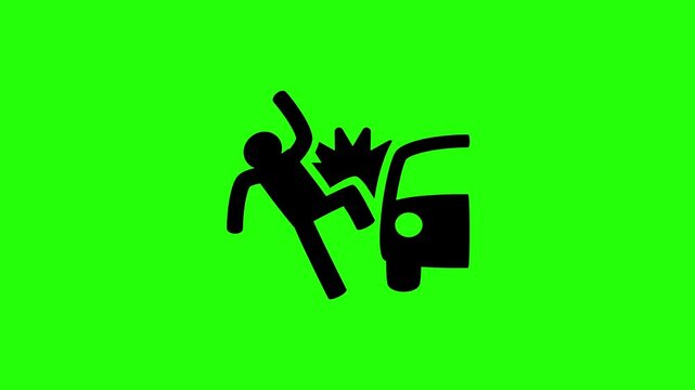 4K video asset capturing a moving car front bumper hitting a crossing pedestrian vehicle collision silhouette bouncing. Clean city traffic danger chart icon.