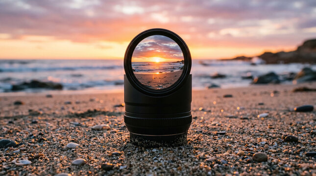 Camera lens standing on sandy beach at sunset with inverted horizon reflection.