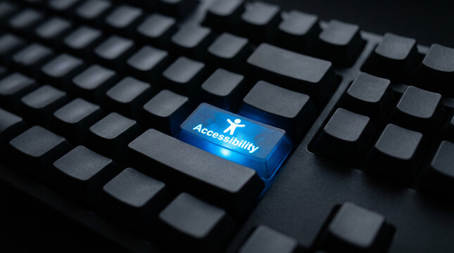 Close-up of a black computer keyboard with a glowing blue accessibility key.