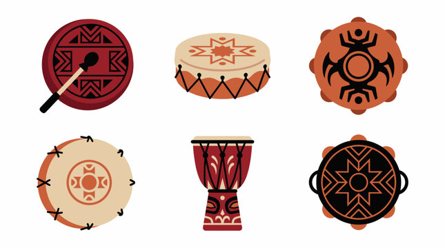 Collection of traditional African percussion instruments including djembe and drums with tribal patterns.