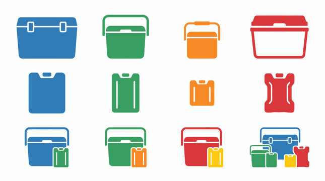 Colorful set of portable cooler boxes and insulated bags for picnic or camping.