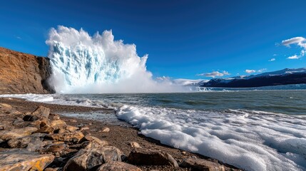 Fototapeta premium Massive Glacier Iceberg Calving and Crashing into Water in Patagonia
