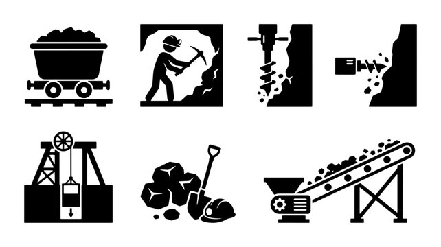 Coal Mining Icons Set: Extraction, Transport, Equipment, Industry Operations, Resources