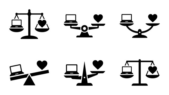 Balance Scales Icons, Laptop Heart Weighing, Digital Life vs Love, Vector Set
