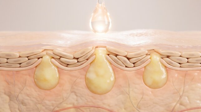 A 3D cross-section view of human skin layers with a single clear drop of serum applied to surface.