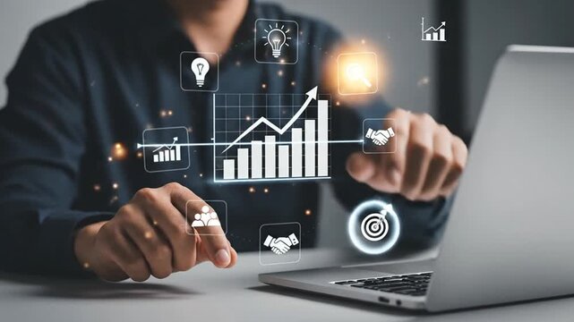 Professional man analyzing digital growth bar charts and strategy icons on virtual interface while using a laptop