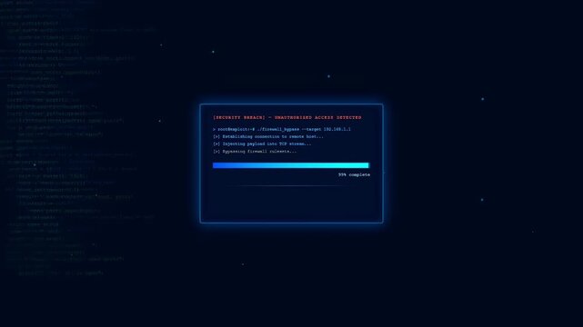 Digital hacking interface with scrolling code and security breach alert on dark blue screen