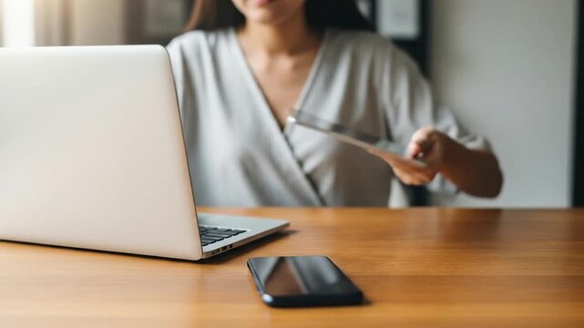 Professional woman multitasking with tablet and laptop at a wooden desk in a bright home office for digital work
