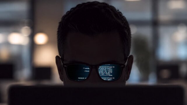 Man writing code reflected in eyeglasses