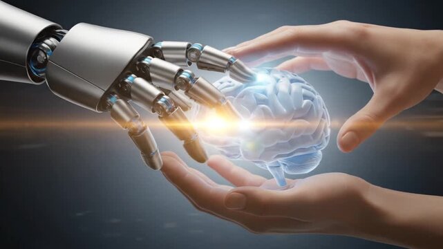 Robotic hand and human hands holding a glowing blue digital brain for artificial intelligence and futuristic technology concepts