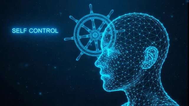 Self control concept animation of a digital human head and steering wheel