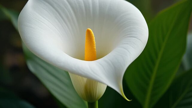 Closeup of a beautiful white Calla Lily flower with a yellow stamen surrounded by green leaves.