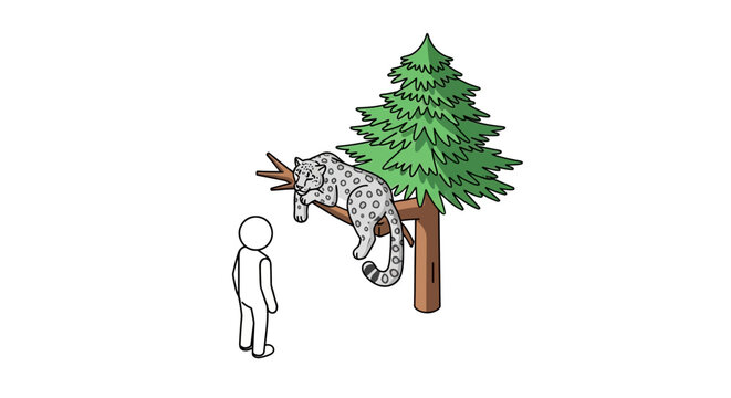 Whimsical cartoon moose tangled in pine tree branches.