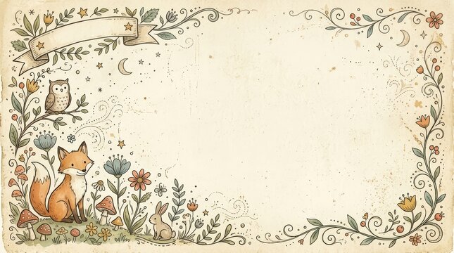 Whimsical vintage border with cute fox, owl and rabbit in floral garden. Hand drawn forest animal illustration with paper texture for creative invitation card and woodland theme design.
