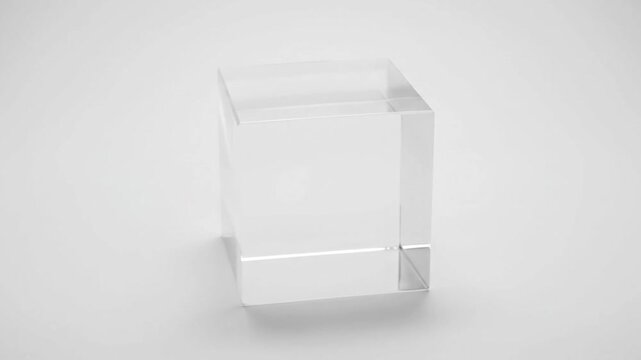 Transparent glass cube rotating on a white background in a minimalist studio setting.