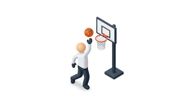 Isometric character playing basketball with small hoop.