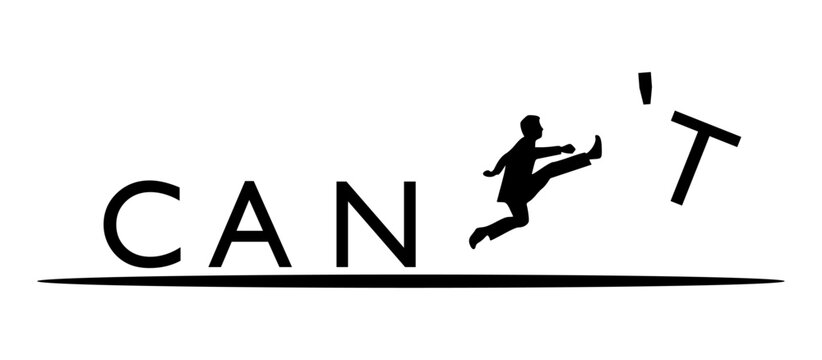 Motivational business vector of a man kicking the letter T from cant to can. Isolated graphic, transparent PNG ready.