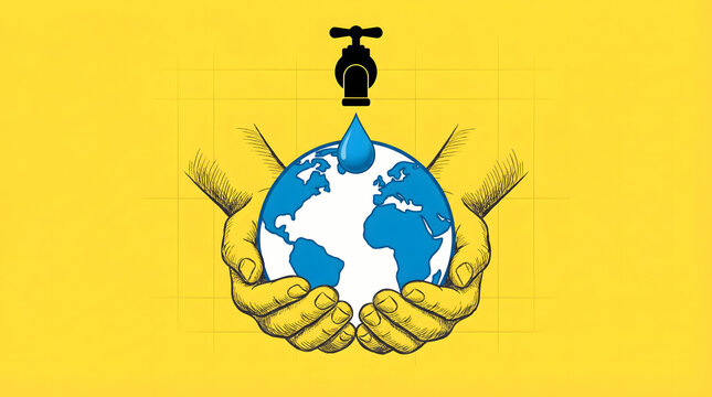 Earth in hands with water drop from faucet on yellow