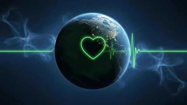 Planet Earth with a glowing green heart and EKG heartbeat pulse line moving across the globe at night in space.