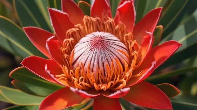 Closeup of a blooming Protea flower.