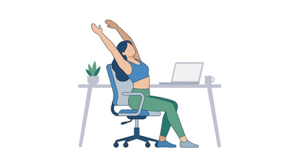 Fototapeta premium Vector illustration of a woman stretching her arms while sitting at her office desk with laptop. EPS Editable