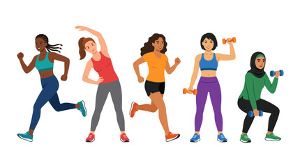 Obraz premium Vector illustration of diverse women exercising running stretching and lifting weights for fitness and health. EPS Editable