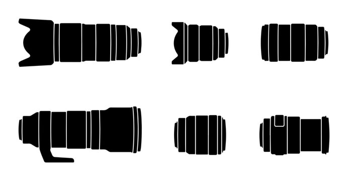 Camera Lens Silhouettes: Photography Equipment Icons, Professional Optics Set, Digital Imaging Gear