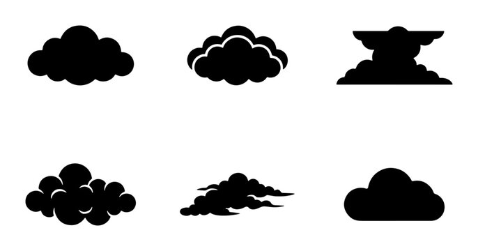 Set of 6 Black Cloud Icons, Weather Symbols, Sky Elements, Cumulus, Nimbus, Stratus