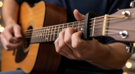 Obraz premium Close-up of hands playing acoustic guitar with warm bokeh background