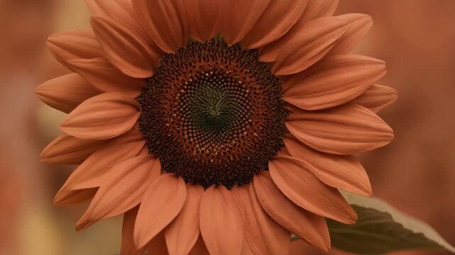 Closeup of a beautiful orange sunflower in full bloom.