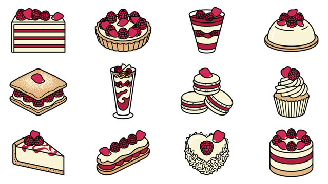 Raspberry dessert collection with layered cakes macarons parfaits and gourmet pastries.