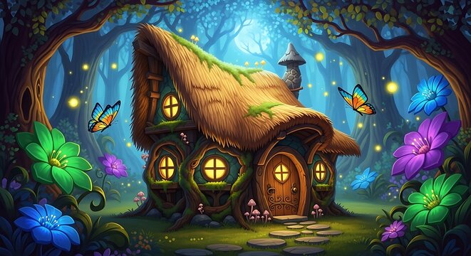 Whimsical treehouse nestled in enchanted forest at night.