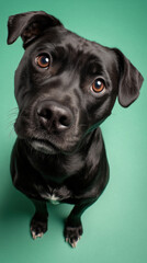 Fototapeta premium Curious black dog looking at camera on green background