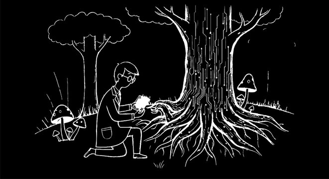 Boy reading book under large magical tree roots.