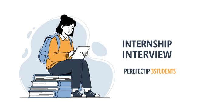 Young Student Woman Sitting on Books, Preparing for Internship Interview with Tablet, Vector Illustration