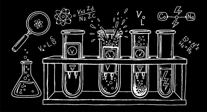 Hand Drawn Illustration of Science Laboratory Glassware and Formulas.