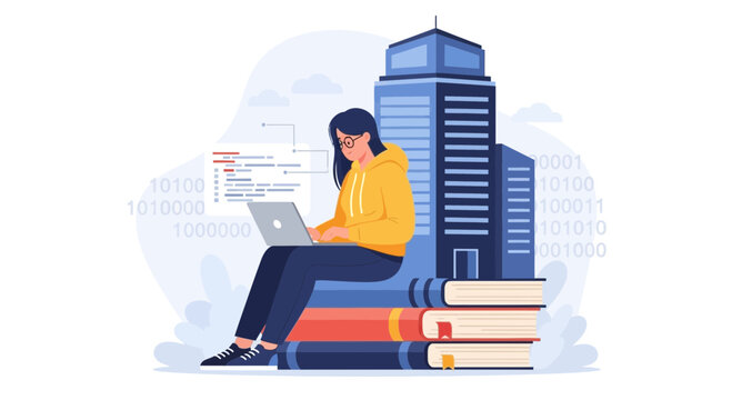 Young woman programmer coding on laptop, sitting on stack of books, with modern buildings and binary code background.