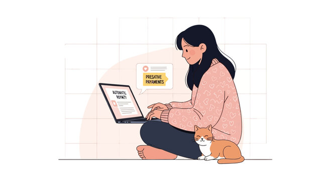 Young Woman Working on Laptop with Cat Companion, Featuring 'Preemptive Payments' Concept