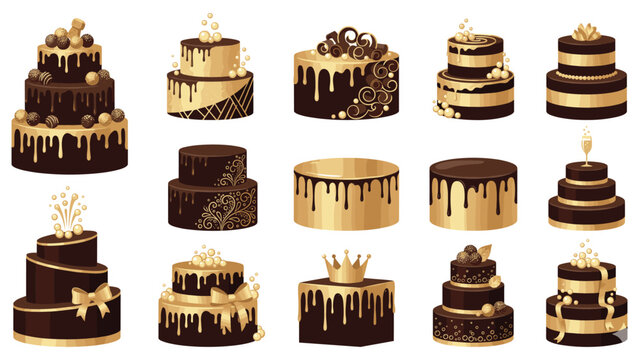 Elegant chocolate and gold birthday cake collection for premium luxury events design set.