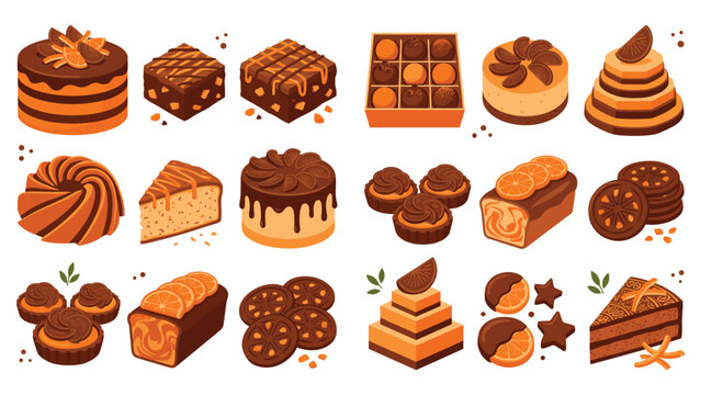 Orange chocolate dessert collection featuring citrus cakes brownies and fruit slice treats.